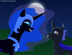 Size: 1635x1250 | Tagged: safe, artist:alejandrogmj, artist:wasisi, nightmare moon, oc, oc:wasisi, alicorn, changeling, pony, g4, changeling oc, looking at each other, looking at someone, moon, night, stars