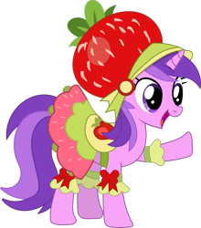 Size: 1330x1510 | Tagged: safe, artist:havoc, amethyst star, sparkler, pony, unicorn, g4, one bad apple, clothes, costume, female, food, hat, mare, raised hoof, simple background, solo, strawberry, transparent background, vector, waving