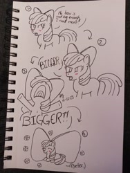Size: 3072x4096 | Tagged: safe, artist:reimustein, apple bloom, earth pony, pony, g4, apple bloom's bow, blushing, bow, comic, female, filly, foal, hair bow, photo, sketchbook, solo, text, traditional art