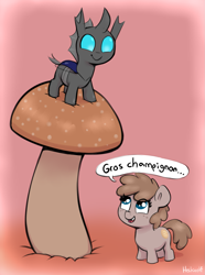 Size: 1317x1770 | Tagged: safe, artist:heretichesh, oc, oc only, changeling, earth pony, pony, cute, cuteling, dialogue, duo, female, filly, foal, freckles, french, holeless, looking down, looking up, mushroom, ocbetes, open mouth, open smile, smiling, speech bubble, tooth gap, translated in the comments