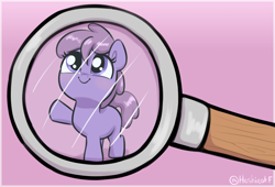 Size: 2444x1665 | Tagged: safe, artist:heretichesh, oc, oc only, oc:fil'lil, earth pony, pony, cute, female, filfil, filly, foal, magnifying glass, micro, ocbetes, signature, smiling, smol, solo, waving