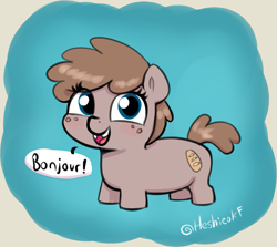 Size: 1439x1281 | Tagged: safe, artist:heretichesh, oc, oc only, earth pony, pony, bonjour, female, filly, foal, gratuitous french, looking at you, open mouth, open smile, signature, smiling, smiling at you, solo, squatpony, tooth gap, traditional art