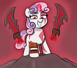Size: 2139x1896 | Tagged: safe, artist:heretichesh, sweetie belle, pony, unicorn, g4, blades of chaos, female, filly, foal, glowing, glowing horn, god of war, grin, horn, kratos, levitation, magic, red eyes, smiling, solo, sword, telekinesis, weapon