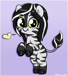 Size: 1314x1474 | Tagged: safe, artist:heretichesh, oc, oc only, oc:ivana, zebra, bipedal, cute, female, filly, foal, freckles, gradient background, heart, looking at you, ocbetes, signature, smiling, smiling at you, solo, zebra oc