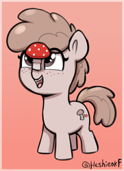 Size: 1016x1402 | Tagged: safe, artist:heretichesh, oc, oc only, earth pony, pony, balancing, cute, female, filly, foal, freckles, gradient background, mushroom, open mouth, open smile, ponies balancing stuff on their nose, smiling, solo