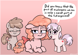 Size: 2118x1490 | Tagged: safe, artist:heretichesh, oc, oc only, oc:peachy keen, oc:red pill, earth pony, pony, unicorn, bow, cute, earth pony oc, eyes closed, female, filly, foal, horn, lying down, mare, mushroom, ocbetes, prone, smiling, speech bubble, tail, tail bow, talking to viewer, traditional art, trio, unamused, unicorn oc