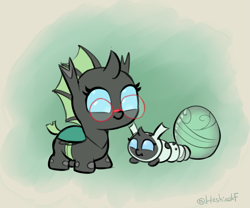 Size: 1423x1184 | Tagged: safe, artist:heretichesh, oc, oc only, oc:yvette (evan555alpha), changeling, changeling larva, nymph, changeling egg, changeling oc, cute, cuteling, duo, female, glasses, green changeling, grub, larva, round glasses, signature