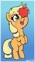 Size: 864x1506 | Tagged: safe, artist:heretichesh, applejack, earth pony, pony, g4, apple, balancing, bipedal, cute, female, filly, filly applejack, foal, food, gradient background, hatless, jackabetes, missing accessory, open mouth, open smile, ponies balancing stuff on their nose, silly, silly pony, smiling, solo, standing on two hooves, weapons-grade cute, who's a silly pony, younger