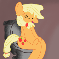 Size: 1000x1000 | Tagged: safe, artist:ilovetoiletart, applejack, earth pony, pony, g4, but why, eyes closed, female, hatless, implied pooping, mare, missing accessory, potty time, relief, sigh, sitting, sitting on toilet, smiling, solo, toilet