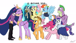 Size: 7000x4000 | Tagged: safe, artist:arkhat, applejack, discord, fluttershy, pinkie pie, rainbow dash, rarity, spike, twilight sparkle, oc, alicorn, dragon, human, g4, the last problem, applejack's hat, chad spike, clothes, concave belly, cowboy hat, crossed arms, crown, ethereal mane, flying, gigachad spike, granny smith's shawl, group, happy birthday mlp:fim, hat, height difference, hoof shoes, hug, implied granny smith, jewelry, long mane, mane seven, mane six, older, older applejack, older fluttershy, older mane seven, older mane six, older pinkie pie, older rainbow dash, older rarity, older spike, older twilight, older twilight sparkle (alicorn), pants, peytral, portal, princess shoes, princess twilight 2.0, regalia, scarf, simple background, slender, spread wings, tall, thin, twilight sparkle (alicorn), white background, winged spike, wings
