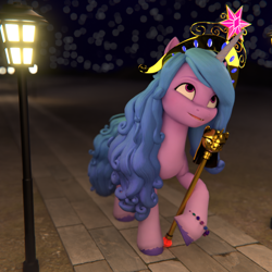 Size: 1080x1080 | Tagged: safe, artist:the luna fan, izzy moonbow, pony, unicorn, mlp fim's thirteenth anniversary, g5, 3d, big crown thingy, blender, element of magic, jewelry, light, light pole, looking up, night, regalia, scepter, solo, starry night, twilight scepter