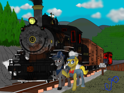 Size: 8093x6094 | Tagged: safe, artist:nivimonster, artist:smokey cinders, oc, oc only, oc:crosby chime, oc:smokey cinders, earth pony, pegasus, pony, everfree forest, fanfic art, locomotive, photo, railroad, steam locomotive, story included, train
