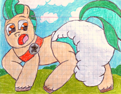 Size: 2419x1889 | Tagged: safe, artist:bitter sweetness, hitch trailblazer, earth pony, pony, g5, abdl, blue sky, diaper, diaper fetish, fetish, graph paper, grass, looking back, non-baby in diaper, open mouth, orange eyes, poofy diaper, traditional art, white diaper