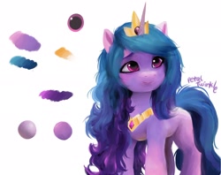 Size: 2048x1623 | Tagged: dead source, safe, artist:petaltwinkle, izzy moonbow, pony, unicorn, g5, color palette, crown, female, jewelry, mare, peytral, regalia, signature, simple background, solo, white background