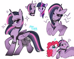 Size: 2048x1623 | Tagged: safe, artist:petaltwinkle, pinkie pie, twilight sparkle, alicorn, earth pony, pony, g4, blushing, choker, cute, diapinkes, duality, duo, female, floppy ears, goth, heart, heart eyes, lesbian, looking at each other, looking at someone, mare, question mark, self paradox, ship:twinkie, shipping, simple background, sparkles, studded armband, twilight sparkle (alicorn), white background, wingding eyes
