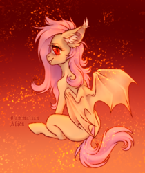 Size: 2796x3332 | Tagged: safe, artist:mammalian_alien, fluttershy, bat pony, pegasus, pony, g4, bat ponified, bat wings, female, flutterbat, gradient background, high res, long mane, mare, messy hair, messy mane, missing cutie mark, race swap, solo, spine, thighs, thin, thunder thighs, wings