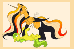 Size: 7662x5080 | Tagged: safe, artist:lightning bolty, oc, oc only, oc:lemon drop, oc:lightning bolty, alicorn, earth pony, pony, abstract background, absurd resolution, alicorn oc, belly, cartoon physics, chest fluff, choker, coat markings, collar, colored, colored wings, commission, concave belly, duo, ear fluff, ear piercing, ears back, earth pony oc, eyelashes, female, flat colors, folded wings, furrowed brow, grin, hammerspace, hammerspace belly, height difference, hooves, horn, imminent death, imminent vore, implied death, implied digestion, kitchen eyes, large wings, leg fluff, long horn, long mane, long mane male, long tail, looking at each other, looking at someone, male, mare, mare prey, multicolored hair, multicolored wings, nose wrinkle, piercing, red eyes, screaming, signature, slender, smiling, socks (coat markings), spiked choker, spiked collar, stallion, stallion pred, stepped on, sternocleidomastoid, sweat, tail, thin, unknown prey, unshorn fetlocks, vore, wall of tags, wings, worried, ych result