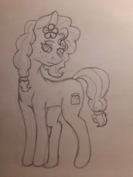 Size: 3000x4000 | Tagged: safe, artist:chacarron, pear butter, earth pony, pony, g4, female, flower, flower in hair, looking at you, mare, monochrome, photo, sketch, solo, traditional art