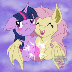 Size: 4092x4092 | Tagged: safe, artist:elmer157typhlosion, fluttershy, twilight sparkle, alicorn, bat pony, pony, g4, :t, abstract background, bat ponified, bat wings, blushing, bust, different view of love, fangs, female, floppy ears, flutterbat, heart, hooves together, horn, hug, lesbian, mare, open mouth, open smile, race swap, ship:twishy, shipping, signature, smiling, spread wings, twilight sparkle (alicorn), winghug, wings, yay