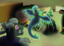 Size: 2800x2000 | Tagged: safe, artist:mightyshockwave, oc, oc only, oc:coxa, oc:untermeyer, changeling, cockatrice, gargoyle, my little pony: tails of equestria, cart, changeling oc, clothes, costume, high res, magic, red changeling, telekinesis