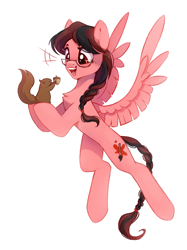 Size: 2149x2869 | Tagged: safe, artist:melodylibris, oc, oc only, oc:july red pencil, pegasus, pony, squirrel, acorn, braid, braided tail, concave belly, cute, emanata, female, flying, glasses, high res, hoof hold, mare, simple background, slender, solo, spread wings, tail, thin, white background, wings