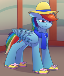 Size: 1748x2048 | Tagged: safe, artist:luther, rainbow dash, pegasus, pony, mlp fim's thirteenth anniversary, g4, clothes, female, folded wings, hat, implied g3, looking at you, rainbow dash always dresses in style, rainbow dash is not amused, shoes, solo, standing, unamused, wings
