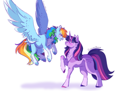Size: 4000x3000 | Tagged: safe, artist:cinnamoncharm, rainbow dash, twilight sparkle, pegasus, pony, unicorn, g4, blushing, feathered fetlocks, female, lesbian, looking at each other, looking at someone, mare, ship:twidash, shipping, simple background, spread wings, unicorn twilight, white background, wings