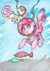 Size: 707x1000 | Tagged: safe, artist:solid shrimp, fluttershy, pinkie pie, earth pony, fish, pegasus, pony, g4, bubble, bubble helmet, clothes, cute, diapinkes, diving helmet, duo, female, flowing mane, flowing tail, helmet, mare, ocean, one-piece swimsuit, pinktober, shyabetes, sunlight, swimming, swimsuit, tail, underwater, water