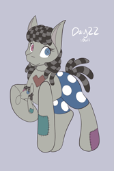 Size: 1365x2048 | Tagged: safe, artist:mscolorsplash, smarty pants, earth pony, original species, plush pony, pony, g4, female, gray background, looking at you, mare, plushie, ponytober, self paradox, self plushidox, self ponidox, simple background, smiling, smiling at you, solo