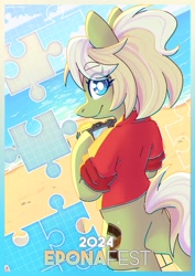 Size: 1448x2048 | Tagged: safe, artist:wavecipher, oc, oc only, oc:milli, earth pony, pony, beach, bipedal, clothes, convention, eponafest, female, italy, mare, solo