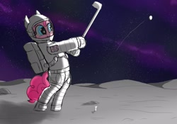 Size: 2048x1434 | Tagged: safe, artist:legendoflink, pinkie pie, earth pony, pony, g4, astronaut, bipedal, female, golf, golf club, hoof hold, mare, moon, pinktober, solo, space, spacesuit, sports