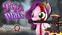 Size: 1920x1080 | Tagged: safe, artist:pika-robo, pipp petals, pegasus, pony, series:pipp plays, g4, g5, 3d, axe, fake thumbnail, female, g5 to g4, gamer pipp, generation leap, god of war, kratos, let's play, mare, markings, mouth hold, solo, source filmmaker, weapon, youtube thumbnail