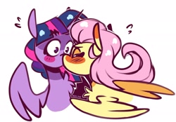 Size: 2048x1423 | Tagged: safe, artist:lrusu, fluttershy, twilight sparkle, alicorn, pegasus, pony, g4, blush lines, blush sticker, blushing, chest fluff, duo, ear blush, eyes closed, female, folded wings, kissing, lesbian, mare, ship:twishy, shipping, simple background, spread wings, surprise kiss, surprised, sweat, sweatdrop, sweatdrops, twilight sparkle (alicorn), white background, wings