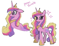 Size: 1024x811 | Tagged: safe, artist:petaltwinkle, princess cadance, alicorn, pony, g4, female, folded wings, heart, heart eyes, hoof shoes, horn, jewelry, mare, peytral, regalia, simple background, solo, sparkly mane, white background, wingding eyes, wings