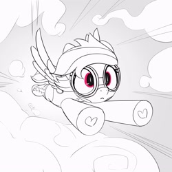 Size: 3000x3000 | Tagged: safe, artist:pabbley, rainbow dash, pegasus, pony, g4, clothes, cloud, female, flying, goggles, grayscale, high res, hoof heart, mare, monochrome, partial color, solo, speed lines, underhoof, uniform, wonderbolt trainee uniform, wonderbolts uniform