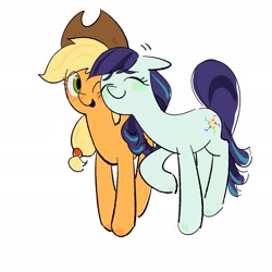 Size: 2048x2048 | Tagged: safe, artist:seywun3, applejack, coloratura, earth pony, pony, g4, applejack's hat, cowboy hat, cute, duo, eyes closed, female, hairband, hat, high res, lesbian, mare, nuzzling, one eye closed, raised hoof, rara, ship:rarajack, shipping, simple background, smiling, white background