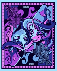 Size: 3277x4096 | Tagged: safe, alternate version, artist:poxy_boxy, starlight glimmer, trixie, pony, unicorn, g4, clothes, duo, female, hat, limited palette, looking at each other, looking at someone, mare, trixie's hat, wizard hat