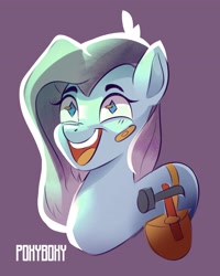 Size: 2708x3384 | Tagged: safe, artist:poxy_boxy, oc, oc only, pony, bandaid, female, hammer, high res, mare, open mouth, smiling, solo