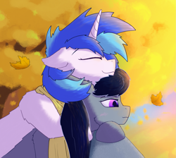 Size: 1667x1496 | Tagged: safe, artist:gosha305, dj pon-3, octavia melody, vinyl scratch, earth pony, pony, unicorn, g4, autumn, autumn leaves, blushing, bust, cheek fluff, clothes, cute, duo, eyes closed, female, head on head, horn, hug, leaves, lesbian, mare, missing accessory, multicolored hair, portrait, scarf, ship:scratchtavia, shipping, smiling, tavibetes, tired, vinylbetes