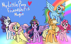 Size: 3234x2000 | Tagged: safe, artist:lostsheep, applejack, fluttershy, pinkie pie, rainbow dash, rarity, twilight sparkle, alicorn, earth pony, pegasus, pony, unicorn, mlp fim's thirteenth anniversary, g4, element of generosity, element of honesty, element of kindness, element of laughter, element of loyalty, element of magic, elements of harmony, female, group, heart, high res, horns, looking at each other, looking at someone, mane six, rainbow, sparkles, spread wings, twilight sparkle (alicorn), wings