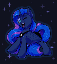 Size: 1723x1930 | Tagged: safe, artist:amishy, princess luna, alicorn, pony, g4, black background, concave belly, ethereal mane, female, folded wings, horn, looking at you, mare, one eye closed, open mouth, open smile, simple background, smiling, smiling at you, solo, sparkles, starry mane, starry tail, tail, wings, wink, winking at you