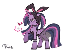 Size: 1024x811 | Tagged: safe, artist:petaltwinkle, twilight sparkle, alicorn, pony, g4, bunny ears, bunny suit, choker, clothes, female, floppy ears, folded wings, garter, glowing, glowing horn, goth, horn, leotard, levitation, lidded eyes, magic, magic aura, mare, martini glass, raised hoof, see-through, see-through skirt, signature, simple background, skirt, solo, telekinesis, twilight sparkle (alicorn), white background, wings