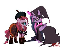 Size: 1024x812 | Tagged: safe, artist:petaltwinkle, pinkie pie, twilight sparkle, alicorn, earth pony, pony, g4, alternate hairstyle, choker, clothes, costume, cross, dress, duo, duo female, ear piercing, earring, eyeshadow, female, folded wings, goth, halloween, halloween costume, hat, heart, horn, jewelry, lesbian, looking at each other, looking at someone, makeup, mare, nightmare night costume, piercing, pigtails, pumpkin hat, ship:twinkie, shipping, signature, simple background, spiked choker, twilight sparkle (alicorn), twintails, white background, wings, witch costume, witch hat