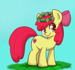 Size: 1200x1120 | Tagged: safe, artist:empyu, apple bloom, earth pony, pony, g4, adorabloom, apple bloom's bow, bow, cute, female, filly, floral head wreath, flower, foal, grass, hair bow, looking at you, simple background, smiling, smiling at you, solo