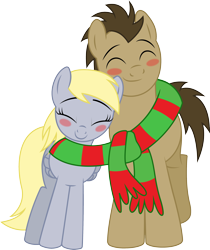 Size: 2247x2669 | Tagged: safe, artist:mlptmntfan2000, derpy hooves, doctor whooves, time turner, earth pony, pegasus, pony, g4, base used, clothes, female, high res, male, mare, scarf, shared clothing, shared scarf, ship:doctorderpy, shipping, simple background, stallion, straight, striped scarf, transparent background