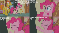 Size: 828x465 | Tagged: safe, edit, edited screencap, editor:quoterific, screencap, carrot cake, pinkie pie, pound cake, pumpkin cake, earth pony, pony, baby cakes, g4, season 2, sugarcube corner