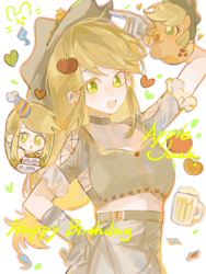 Size: 3000x4000 | Tagged: safe, artist:bubutoday, applejack, earth pony, human, pony, g4, birthday, birthday cake, cake, cider, female, food, happy birthday, humanized, self paradox, self ponidox