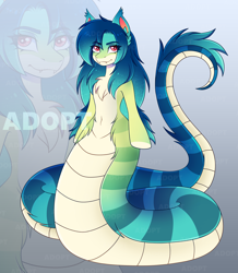 Size: 5188x5939 | Tagged: safe, artist:madelinne, oc, oc only, lamia, original species, semi-anthro, adoptable, adoptable open, adoption, belly, belly button, chest fluff, countershading, fangs, female, gradient background, long hair, looking at you, mare, reference sheet, solo, zoom layer