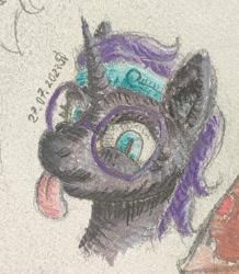 Size: 965x1105 | Tagged: safe, artist:bruttas46, oc, oc only, oc:nyx, alicorn, pony, bust, female, filly, foal, portrait, solo, tongue out, traditional art