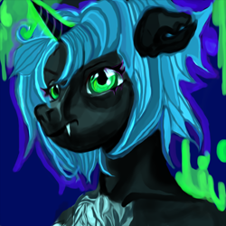 Size: 800x800 | Tagged: safe, oc, changeling, pony, unicorn, anthro, blue mane, graffiti, green eyes, horn, male, unicorn oc